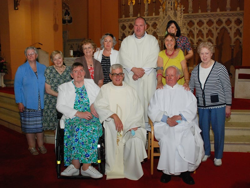 CLICK ON THE ARROWS ABOVE TO GO THROUGH THE GALLERY OF PICTURES Pictured at the special Thanksgiving Mass are a group of parishioners with Fr. Pat, Fr. Michael and Fr. Tom Corbett - Photo: PJ Wright