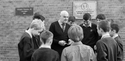 ABOVE: The late Br Damien Brennan giving the Coláiste Eamann Rís boys some words of wisdom Epic CycleWhile compiling the history book on the school, great memories and stories came to light, including the mammoth fundraising tasks which were tackled while fundraising for the new school in the early 1980s. The 100 mile cycle was one such event. Members of the current staff decided to come full circle in the final weeks of Coláiste Éamann Rís and take on their own 100km cycle. After months of training, last Saturday the group cycled around the school's catchment. Under the organisation of Tom Butler and his Well Being committee, this cycle raised much- needed funds for Cois Nore cancer support centre in Kilkenny. BELOW: CBS spread Staff & Friends Vs Students match school fundraising1984 Edmund Rice StatueAs the town of Callan prepares for its second big school celebration and reunion in a number of weeks, Coláiste Éamann Rís and the community of Christian Brothers at Westcourt in Callan want to thank most sincerely Pat Murphy and Tommy Dermody at Molloy's Funeral Directors & Sculptors Ltd, Callan. They have always been a most supportive and generous friend to the school and are never found wanting when it comes to benevolence in the community. They have very kindly offered to undertake the cleaning of the Blessed Edmund Rice statue which stands proudly on Green Street and will maintain it on behalf of the Brothers and people of Callan into the future. Click 'NEXT' to see more pictures from the past and details of this Sunday's Mega School Reunion!
