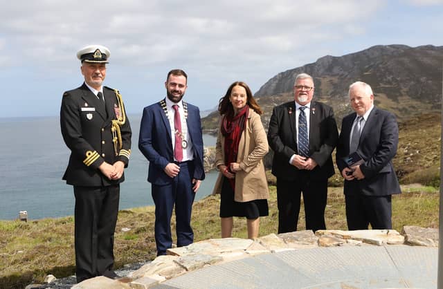 Cathaoirleach of Donegal County Council, Cllr Jack Murray with the Canadian Ambassador Nancy Smyth at the Laurentic Commemoration held in Dunree Fort. Included on left: Commander Dale Terutski, Canadian Navy, and from right, Peter McLaughlin and Don McNeill. PHOTOS: Tom Heaney, nwpresspics
