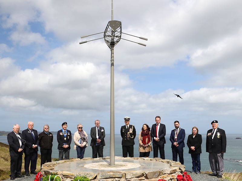 Group pictured after laying wreaths at the Laurentic Commemoration. Included are: Minister for Agriculture, Food and the Marine Charlie McConalogue , Cathaoirleach of Donegal County Council Cllr Jack Murray, the Canadian Ambassador Nancy Smyth and Commander Dale Terutski, Canadian Navy