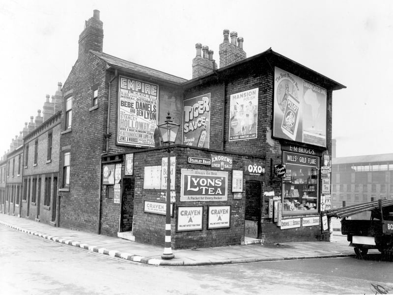 The junction of Buslingthorpe Lane, on the left, with Stanley Road in October 1939. Raby Street is on the far side of the row of buildings, and the factory building in the distance on the right is Charles F. Stead, leather manufacturers, who were located on Sheepscar Street. The shop premises at no. 83 Buslingthorpe Lane belong to grocer, Edith Mary Briggs.