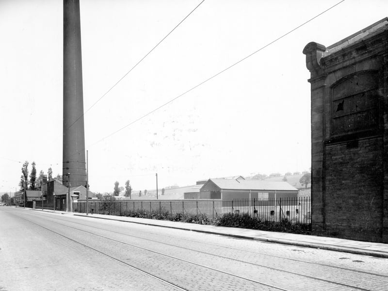 Looking towards Meanwood, chimney for council waste disposal yard, number 388 Meanwood Road, 'Leeds Corporation Destructor'. The area in the centre, rising behind buildings is Sugar Well Hill. Pictured in July 1938.