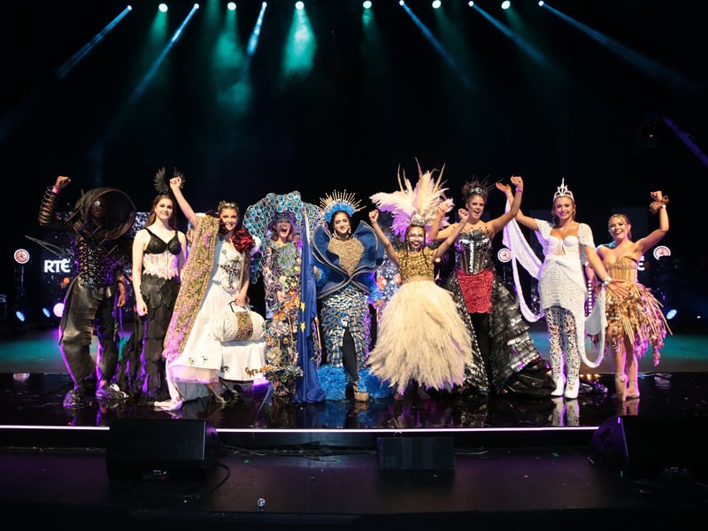 The nine creations who were announced as Junk Kouture world finalists at the Junk Kouture Irish Final at the Bord Gais Energy Theatre. The nine Junk Kouture world finalists will represent Ireland at the Junk Kouture World Final in Abu Dhabi. Pic: Brian McEvoy No Repro Fee For One Use