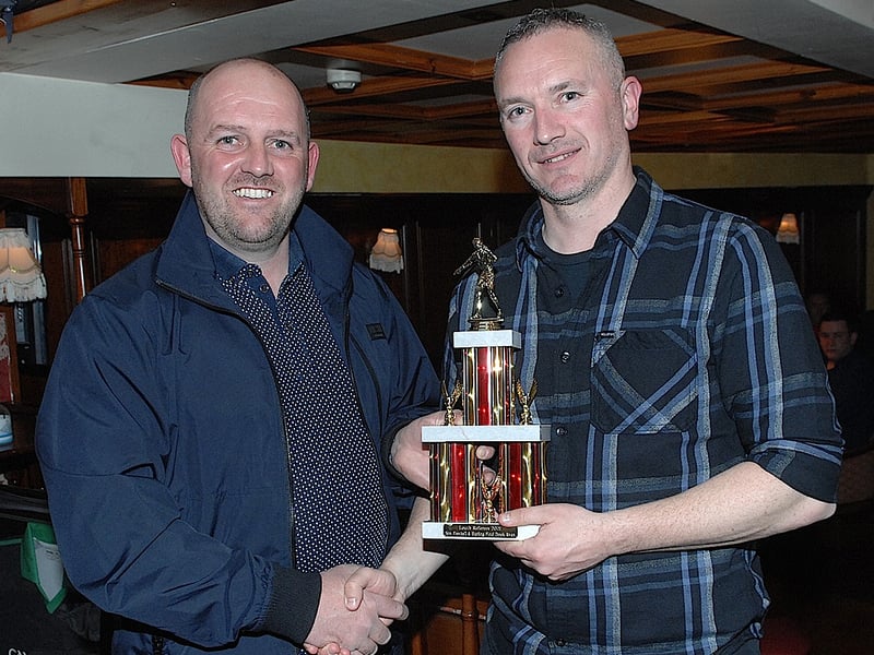 David Fedigan, Chairman Louth Referees, presenting the Senior Hurling final award to Derek Ryan. The match was between St Fechins and Knockbridge.