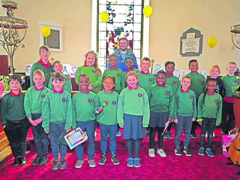 Clement Farrar with 1st, 2nd and 3rd Class pupils at last Wednesday’s Easter celebration