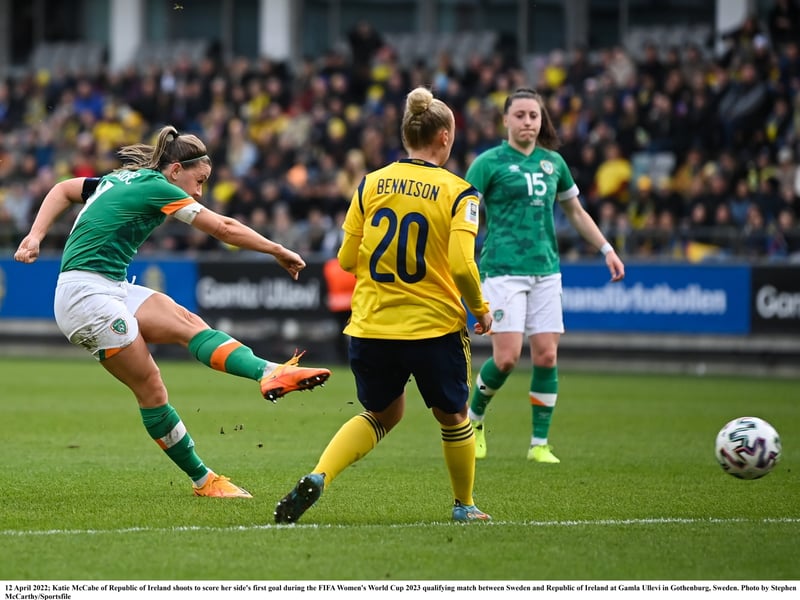 Republic of Ireland's Katie McCabe scores the opening goal of the game