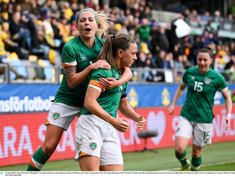 Katie McCabe and Denise O'Sullivan celebrate