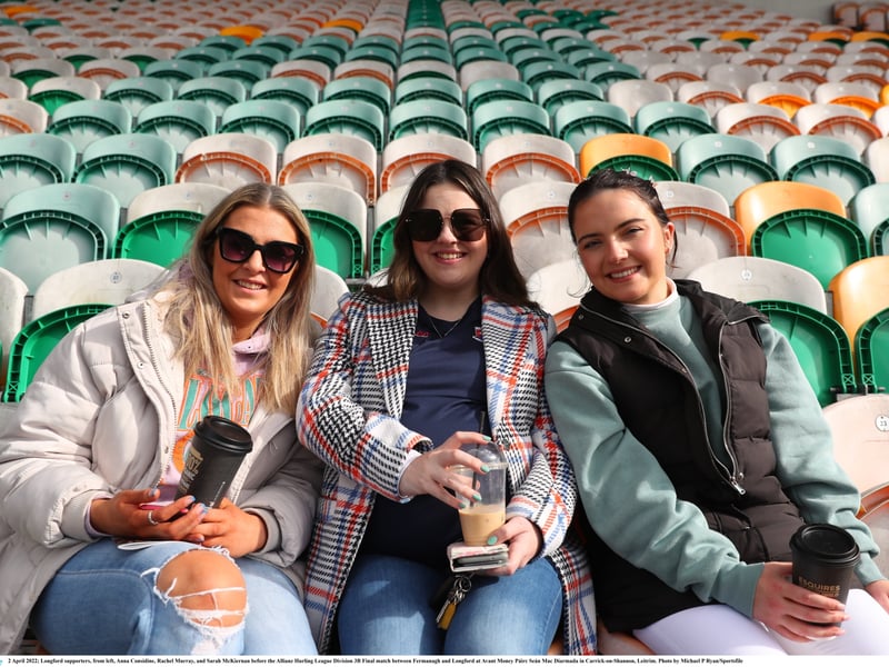 Caption: Longford supporters, from left, Anna Considine, Rachel Murray, and Sarah McKiernan before the Allianz Hurling League Division 3B Final between Fermanagh and Longford at Avant Money Páirc Seán Mac Diarmada in Carrick-on-Shannon, Leitrim Photo by Michael P Ryan/Sportsfile