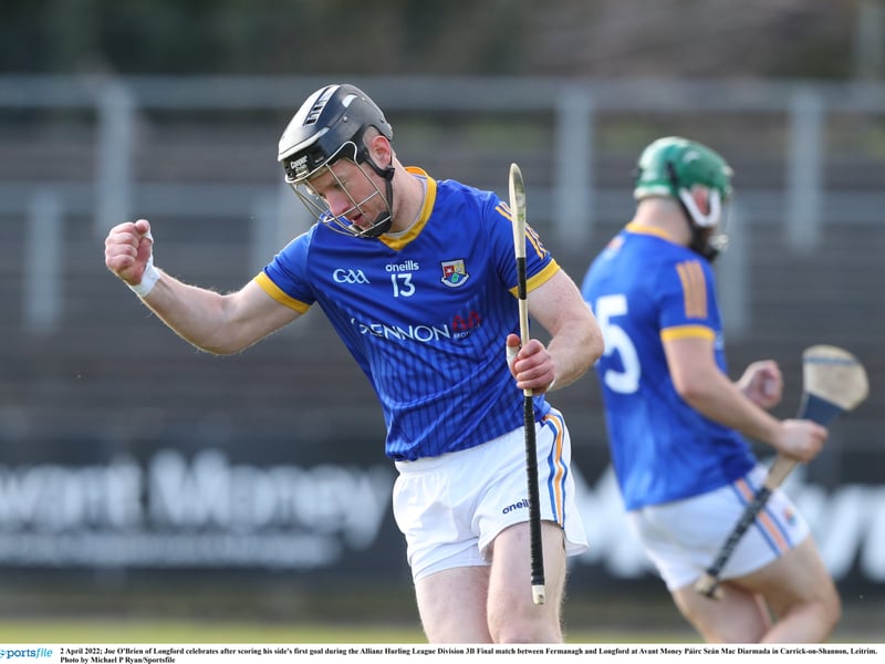 Caption: Joe O'Brien of Longford celebrates after scoring his side's first goal during the Allianz Hurling League Division 3B Final against Fermanagh Photo by Michael P Ryan/Sportsfile