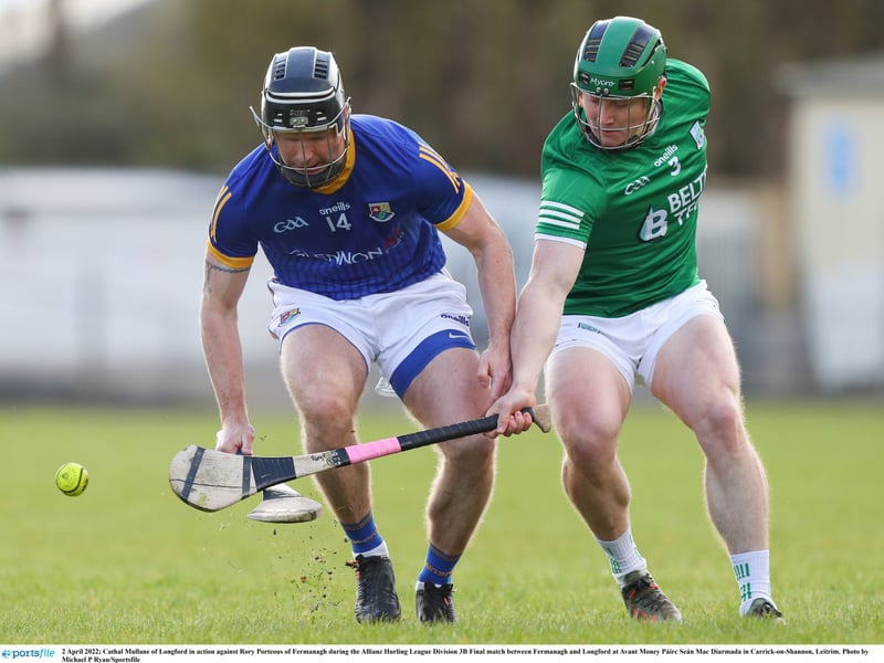 Caption: Cathal Mullane of Longford in action against Rory Porteous of Fermanagh during the Allianz Hurling League Division 3B Final at Avant Money Páirc Seán Mac Diarmada in Carrick-on-Shannon Photo by Michael P Ryan/Sportsfile