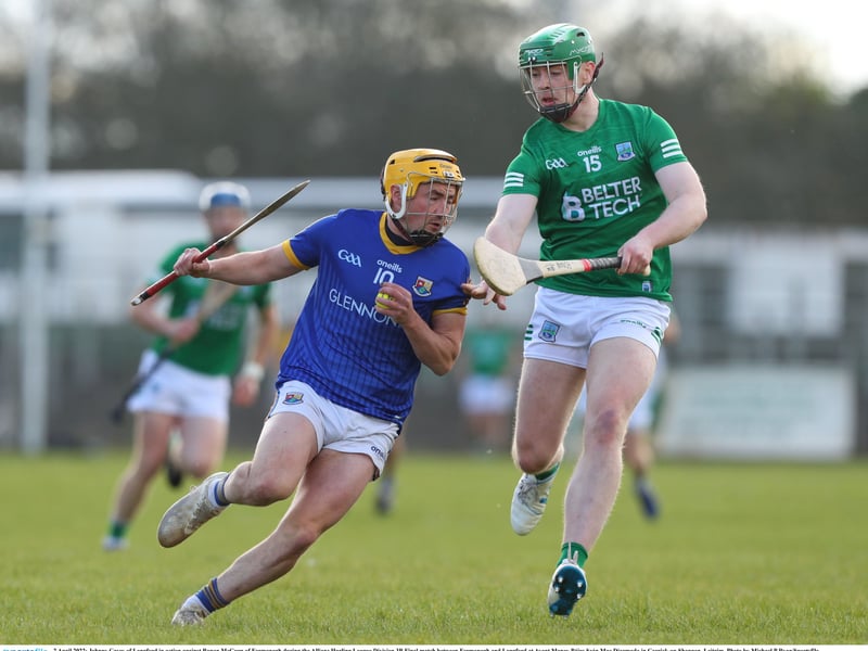 Caption: Johnny Casey of Longford in action against Ronan McGurn of Fermanagh during the Allianz Hurling League Division 3B Final at Avant Money Páirc Seán Mac Diarmada Photo by Michael P Ryan/Sportsfile