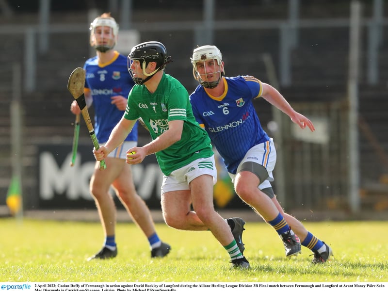 Caption: Caolan Duffy of Fermanagh in action against David Buckley of Longford during the Allianz Hurling League Division 3B Final at Avant Money Páirc Seán Mac Diarmada Photo by Michael P Ryan/Sportsfile