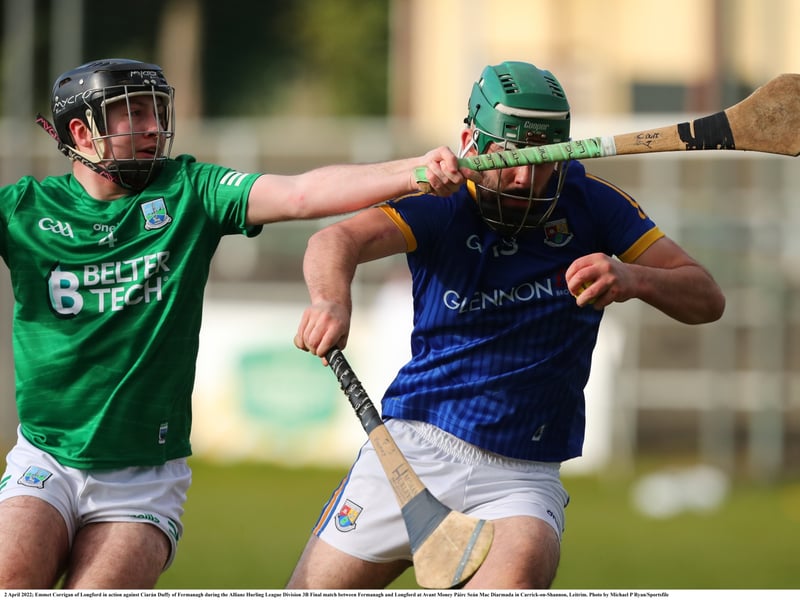 Caption: Clash of the ash...Emmet Corrigan of Longford in action against Ciarán Duffy of Fermanagh during the Allianz Hurling League Division 3B Final Photo by Michael P Ryan/Sportsfile
