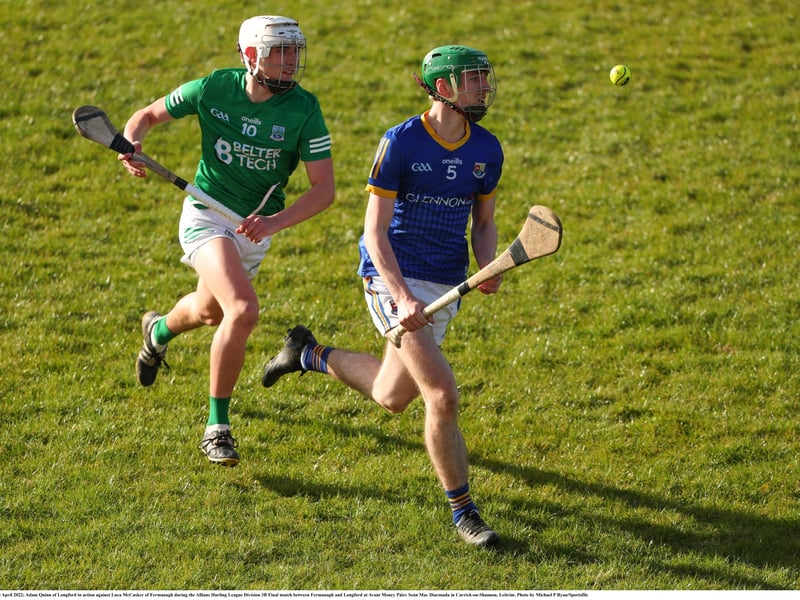 Caption: Adam Quinn of Longford in action against Luca McCusker of Fermanagh during the Allianz Hurling League Division 3B Final at Avant Money Páirc Seán Mac Diarmada Photo by Michael P Ryan/Sportsfile