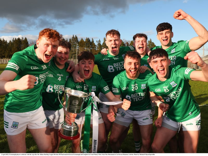 Caption: Fermanagh players celebrate with the cup after the Allianz Hurling League Division 3B Final against Longford at Avant Money Páirc Seán Mac Diarmada Photo by Michael P Ryan/Sportsfile