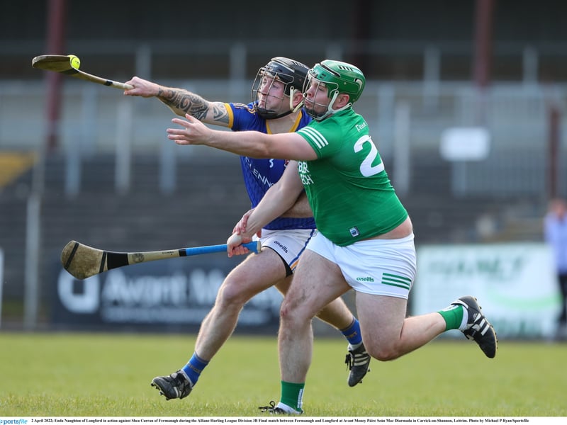 Caption: Enda Naughton of Longford in action against Shea Curran of Fermanagh during the Allianz Hurling League Division 3B Finalat Avant Money Páirc Seán Mac Diarmada Photo by Michael P Ryan/Sportsfile