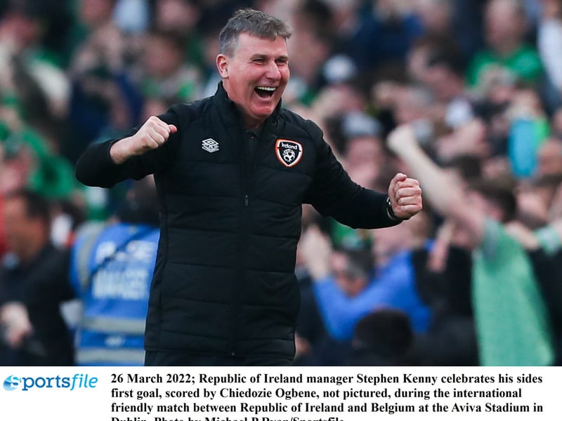 Republic of Ireland manager Stephen Kenny celebrates Chiedozie Ogbene's goal