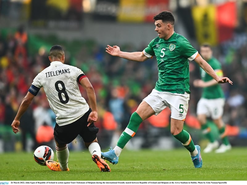 John Egan in action against Leicester City's Youri Tielemans