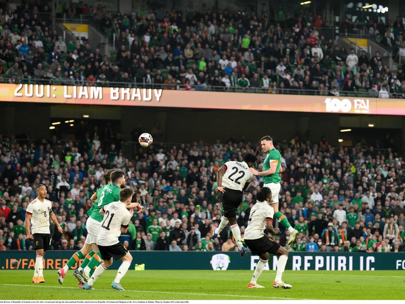 Alan Browne scores Ireland's second goal against Belgium