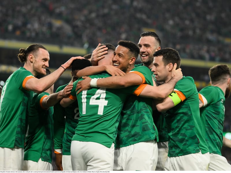 Players celebrate Ireland's second goal