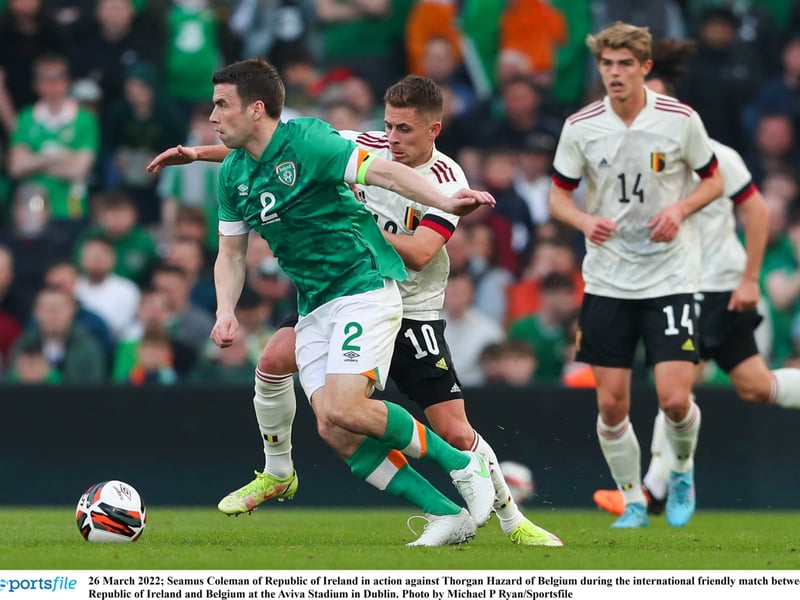 Republic of Ireland captain Seamus Coleman in action against Borussia Dortmund's Thorgan Hazard