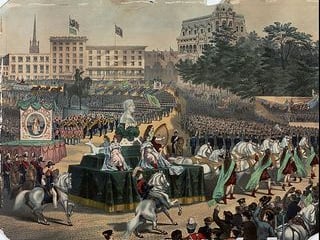 An illustration of a New York City St Patrick's Day Parade in the 1800s.