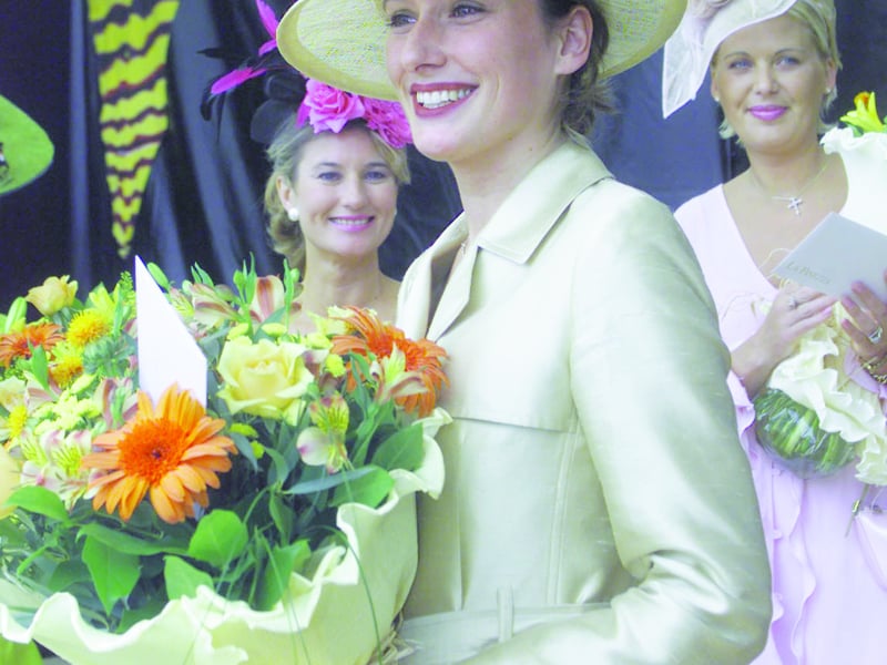 Caption: A delighted Regina Murphy from Edgeworthstown pictured after being named Best Dressed Lady at the RDS Horse Show in 2001