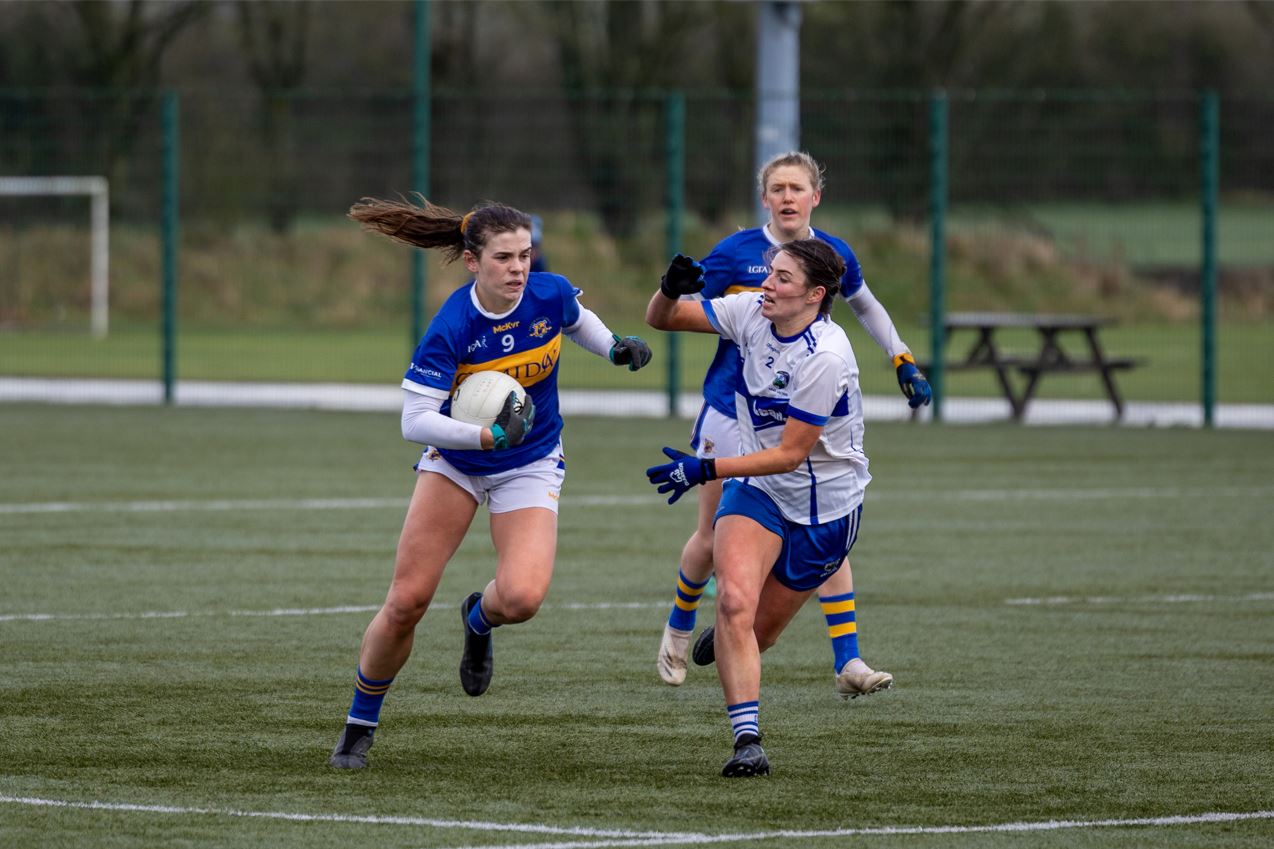 BELOW: Anna Rose Kennedy in action against Laois during round two of Tipperary's Littlewoods Ladies Football League defeat to Laois in Heywood College.
