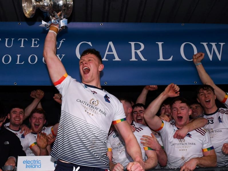Holycross Ballycahill's Bryan O'Mara raises the Fitzgibbon Cup after leading the University of Limerick to victory in the final against NUI Galway in Carlow IT last Saturday.