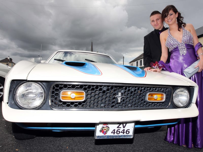Last but not least...We hope you enjoyed the Leinster Express pictures from the the Scoil Chríost Rí debs in 2010 taken by photographer Alf Harvey. Lots more MEMORY LANE PICTURES HERE. Rachel Ryan and Stuart Clover arrive in style in Paul Kelly's Mustang for the Scoil Chroist Ri Portlaoise Debs Ball. 