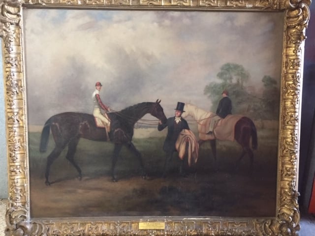   The dining room of Tullamaine features a large collection of art, including a large oil on canvas in a good gilt frame of The Bailey Lighthouse off Howth by Stephen Catterson Smith. Daniel Egan framing label and other Label verso states 'Bought at the sale of the late Canon Harris 1914'. 71 x 112cm approx. Lot 137. Estimate €1000-1500. The art collection also includes an oil of jockey Pat Eddery by Irish equestrian artist Peter Curling. Peter Curling is well known in Tullamaine where there are three large watercolours of the Tipperary Hunt on the walls, along with an oil on canvas of Pat Eddery. Lot 16. Estimate €500-800. Peter Curling watercolours. Est between €2500 - 5000   There is a collection of signed prints by nineteenth century British equine and military artist Lionel Edwards. Including the highlight; ‘Watercolour of Irish Hospital Sweepstakes Morning Exercise May 1966’. Lot 403. Estimate €400-600. The dining room also featured a large collection of Snaffles prints, seen in lots 113 to 130. Estimates ranging from €200-600 each. Snaffles, otherwise known as nineteenth century British artist Charles Johnson Payne, he was famous for his humorous depictions of equine scenes from horse racing to polo. Clearly Tullamaine stud is the perfect showroom for these prints. Two oils attributed to nineteenth century artist JF Herring including lots 59, 66 and 221 Attributed to JF Herring are the pair of oils on canvas of horses in a paddock. (Signed lower left.)30 x 56cm approx. Lot 66. Estimate €1200-1800.