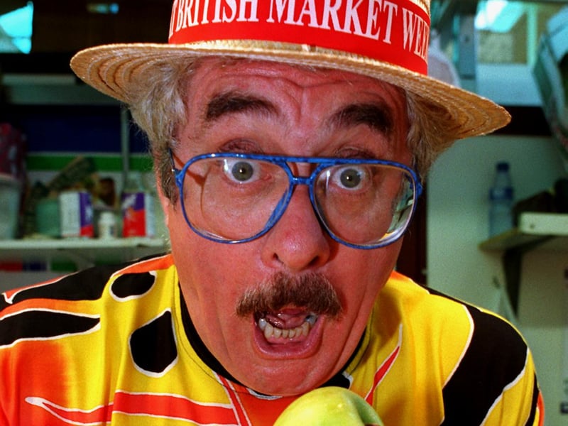 Bobby Knutt on the Fruit Fayre Stall at Castle Market, Sheffield, promoting Great British Market Week in 1997