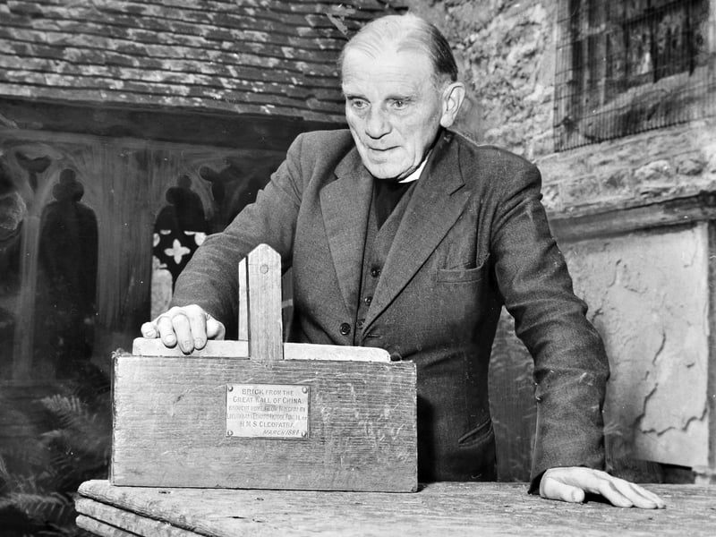 A fascinating feature at Munslow Parish Church in July 1961, where a humble doorstop was in fact a brick said to have come from the Great Wall of China. Brought back to England in 1884 by a Royal Navy officer serving on HMS Cleopatra, it was later placed in the entrance to the Norman church in the heart of Shropshire’s Corvedale. A plaque on the brick recorded its remarkable journey from China to England.