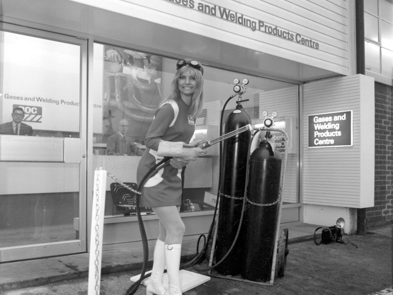 Miss BOC Swedish model Ischi Bernell is pictured opening a new welding product centre at the British Oxygen works in  January 1970 by cutting a chain with a flame cutter.