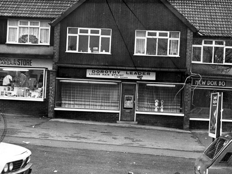 Part of a parade of shops on the south side of Easterly Road pictured in January 1980. Dorothy Leader ladies hair stylist, in the centre, the site of a proposed estate agent's office. On the left is Katrina's wool and bargain store and on the right New Dor Bo, chinese takeaway.