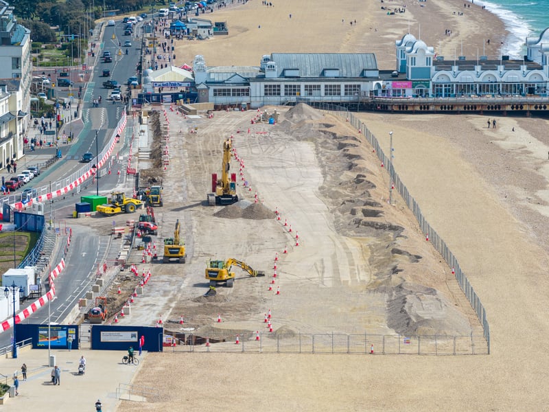 New sea defences next to South Parade Pier in Southsea with the new concreate units being installed between the promenade and the beach. New planters are also being created. 
Picture: Marcin Jedrysiak