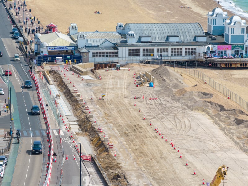 New sea defences next to South Parade Pier in Southsea with the new concreate units being installed between the promenade and the beach. New planters are also being created. 
Picture: Marcin Jedrysiak