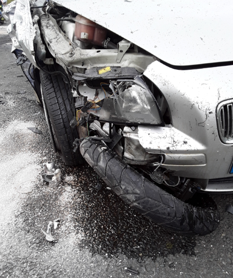 This was the scene of a collision between a motorcyclist and a car yesterday evening. 