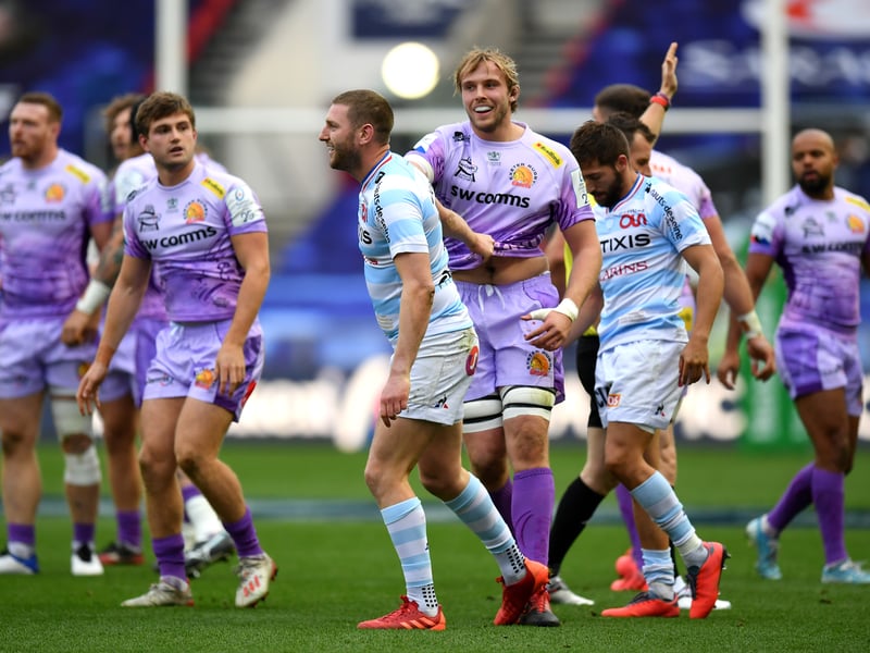 Gray was also named in Exeter's starting XV for the 2020 final and is seen here seemingly enjoying a bit of banter with international teammate Finn Russell who was on the losing Racing 92 side that day