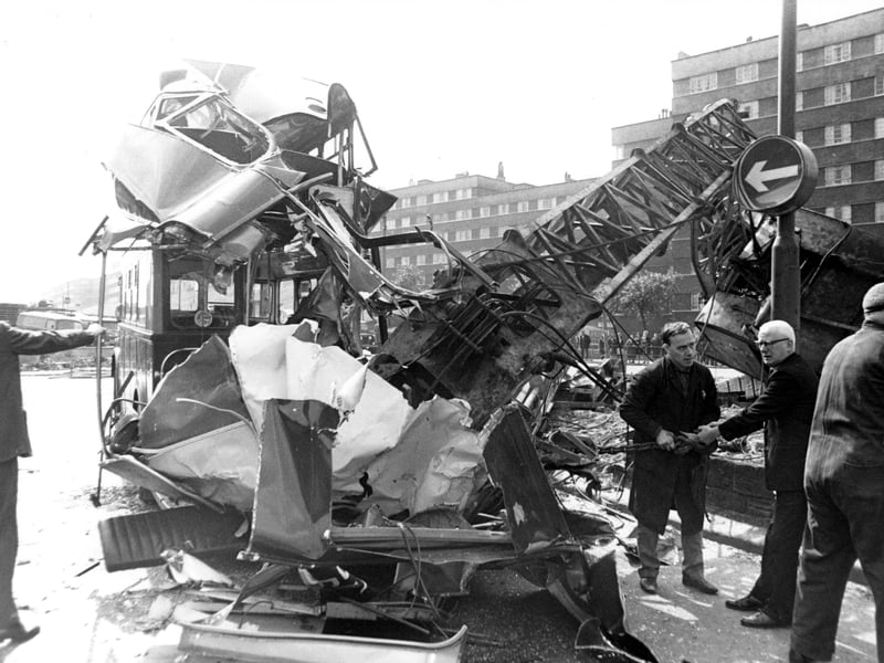 Crash between mobile pile driver and a bus at the Eastgate Roundabout at the junction of Regent Street and New York Road in May 1968.