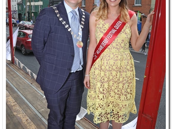 [caption id="attachment_170877" align="alignnone" width="583"] Kildare-Newbridge Municipal District Mayor Mark Stafford with the 2017 Derby Festival Queen Nicole Hyland on the viewing stand at the Kildare Town Derby Festival Parade last Sunday.[/caption]