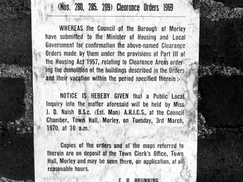 A notice on the wall of a house in Parker Street in December 1970. The notice is headed 'Housing Acts, 1957-1969' and relates to the Clearance Orders' of 1969.