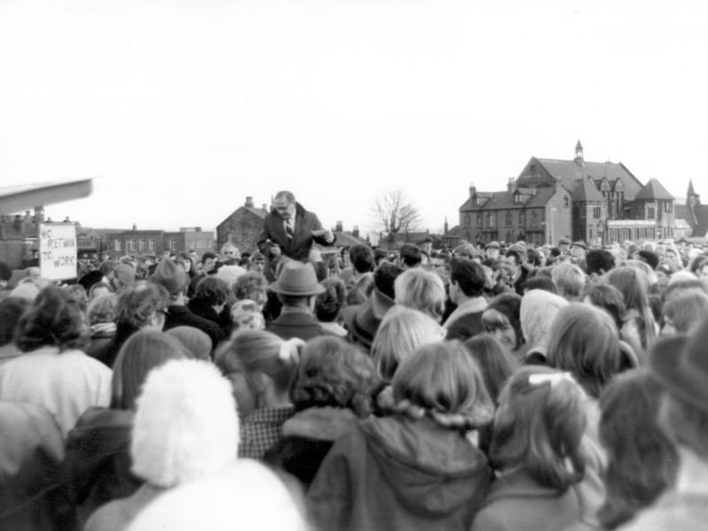 A meeting on Woodhouse Moor of striking workers in February 1970. Five thousand clothing factory workers rejected on the offer of immediate negotiations on their claim if they returned to work.