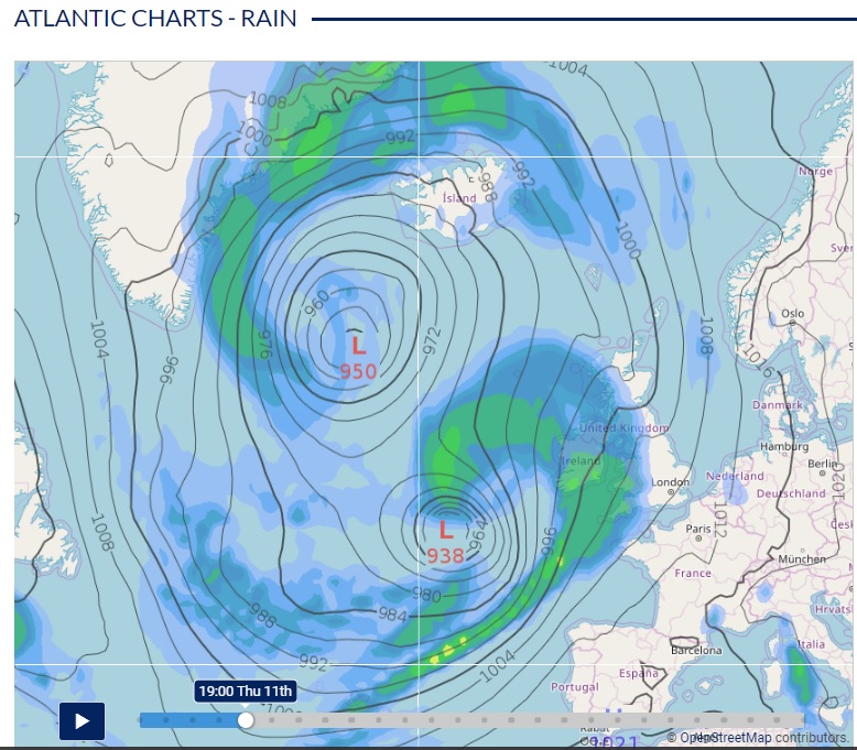 The charts reveal a deep low-pressure system over Ireland on Tuesday and Wednesday next with another intense storm front appearing to follow on across the Atlantic from North America.