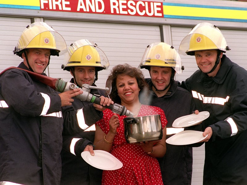 There's even a hotter curry than vindaloo and you can find it in Hambleton in July 1997. Tina Hotson was cooking a meal for fire officers at the local Selby station when it caught on fire,.The firefighters had to come to Tina's home and put out the flames. Left to right Pictured with Tina are firefighters Barry Martland, Colin Hunter, Simon Gallagher and Colin Trotter.