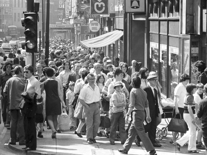 Crowds entering Central Station in Glasgow on Glasgow Fair Monday in July 1972