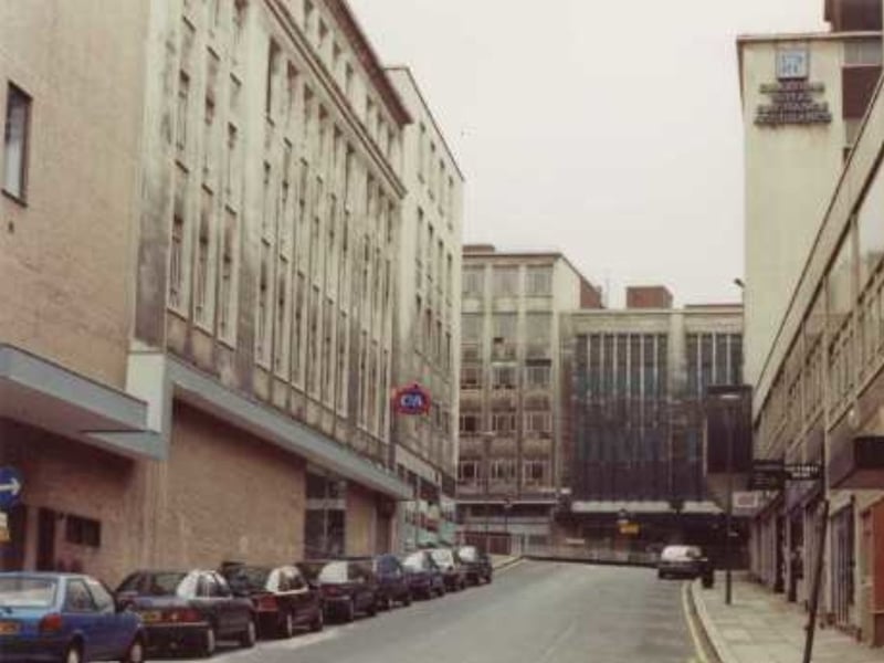 King Street, Sheffield city centre, in 1993, looking towards Angel Street, with the rear of the fashion store C&A to the left