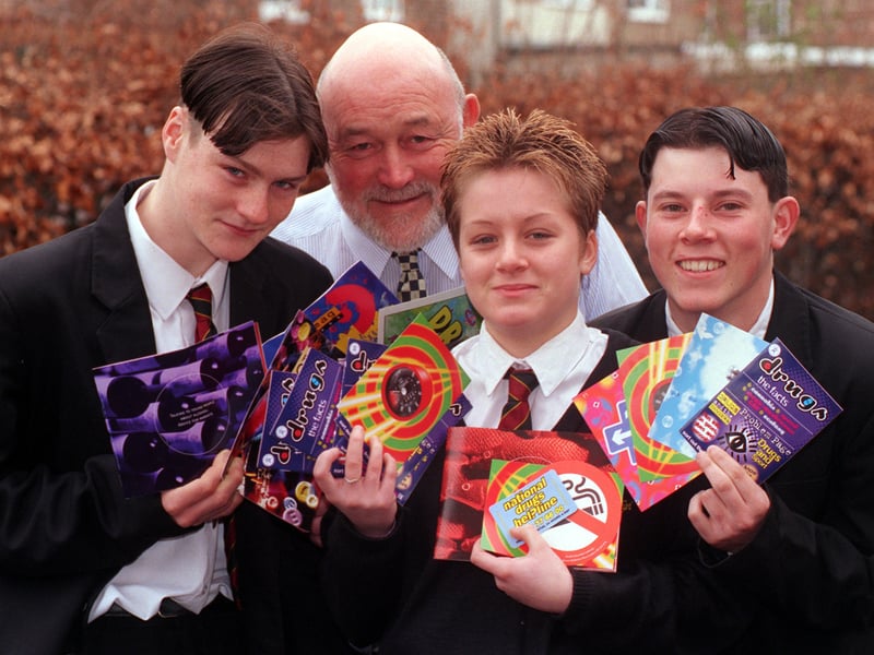 PC John Wardell pictured with Selby High School pupils , from left, David Barnett, Amber Cullingworth and Richard Bunce at the launch of a drugs education programme as part of Operation Foolhardy in March 1998