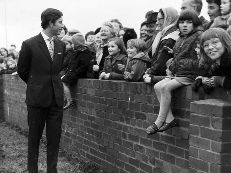 Children get a special off-schedule visit from the Prince of Wales outside Thornbury Barracks, Pudsey, in December 1970