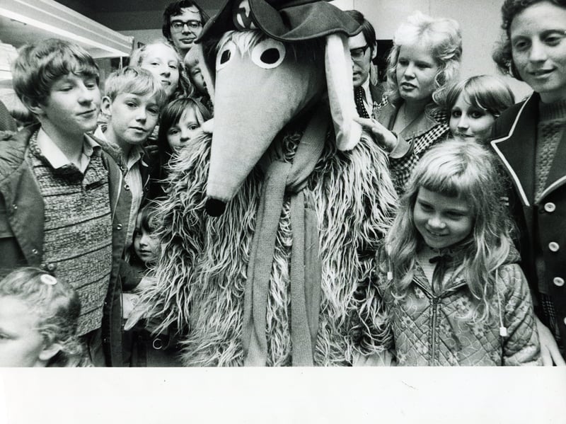 The Womble Orinoco entertains children at a Woolworths store in Sheffield, in July 1974